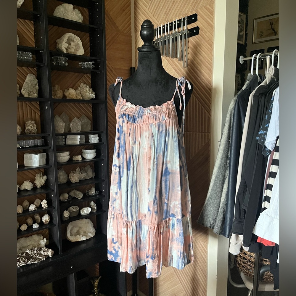 Beautiful Pink and Blue Boho Flowy Summer Short Dress with Tie Shoulders